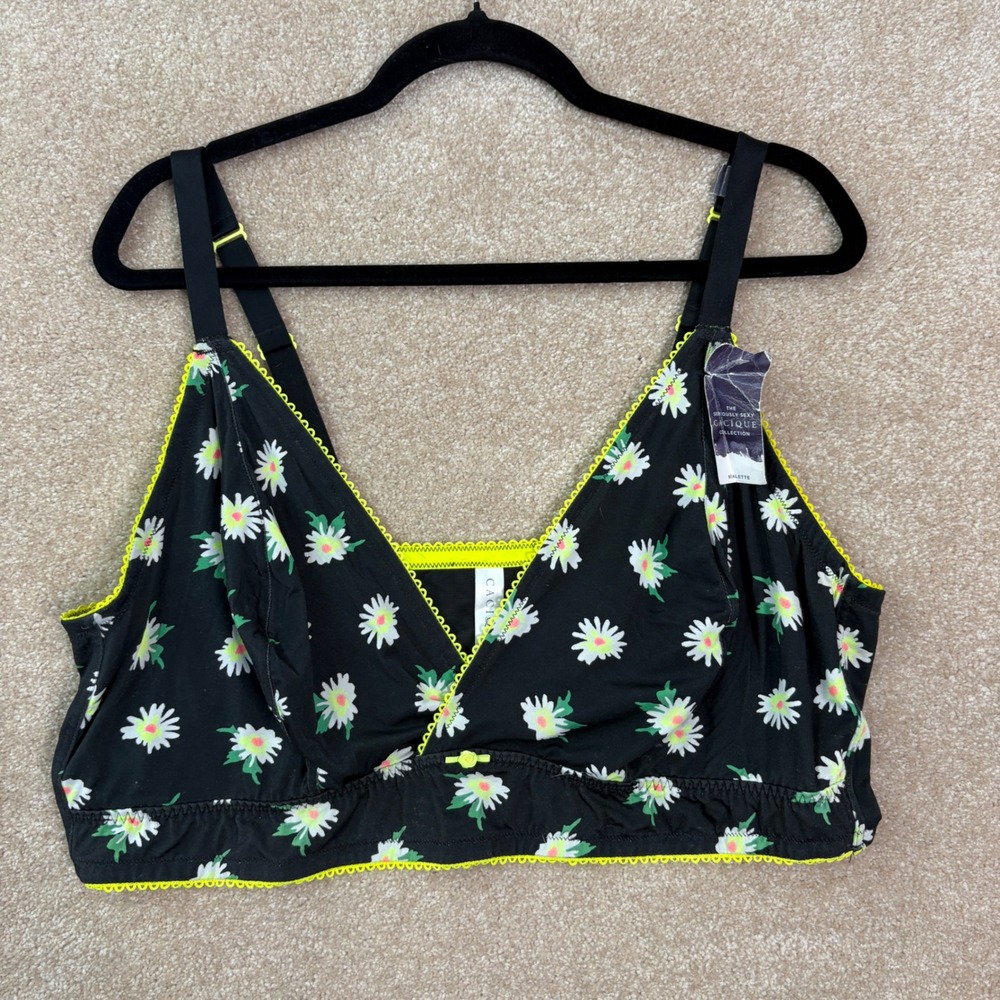 NWT CACIQUE Bralette Women's 30/32 Black Daisy Floral Neon Seriously Sexy